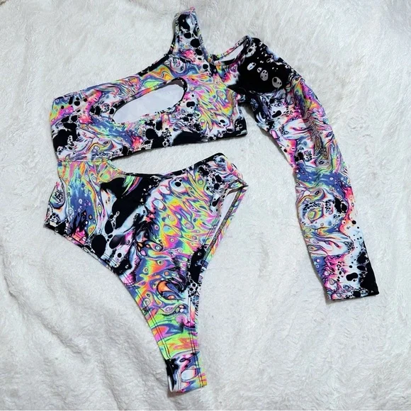 NWOT iHeartRaves Liquid Tripp One Shoulder Cutout Bodysuit Size Medium - Picture 6 of 10